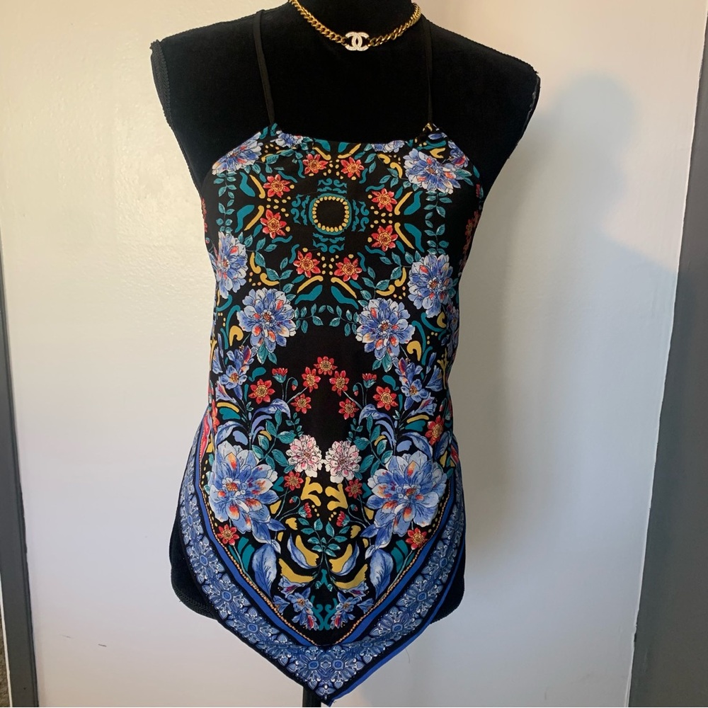 Floral Halter Top - Black and Blue